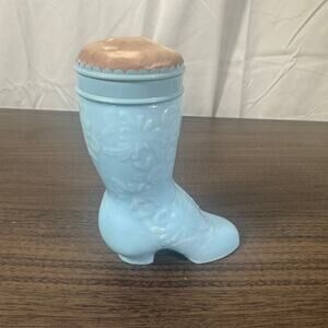 Vintage Avon Sonnet Cologne Bottle Blue Glass Victorian Boot with Tan Top 1970s